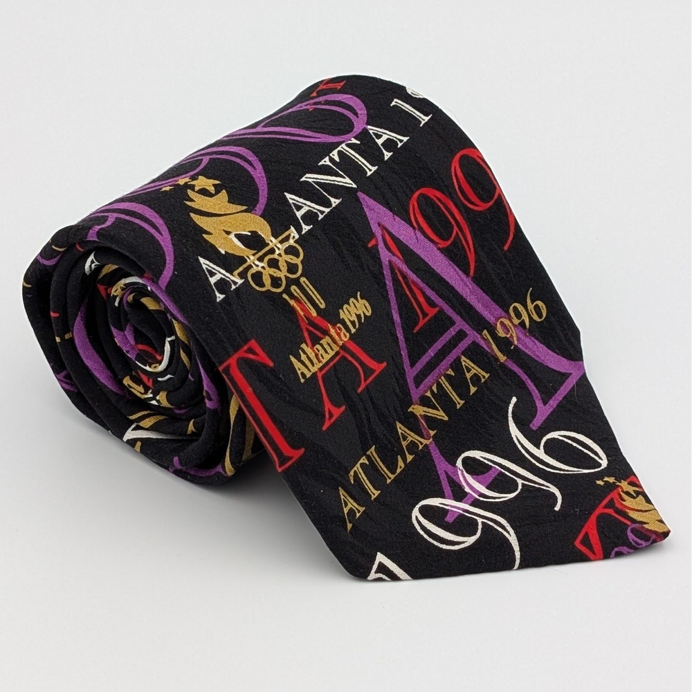 VTG 1996 Atlanta Olympics RM Sport Silk Tie Black Torch Typography Design 304399